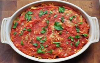 casserole dish with deconstructed cabbage rolls casserole in it