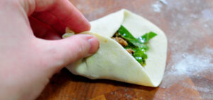 dumpling filling being enclosed in dumpling skin